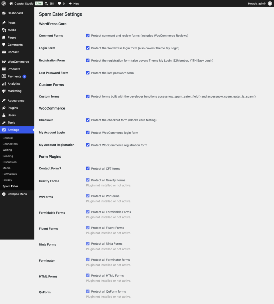 Spam Eater settings: WordPress core, Custom forms, WooCommerce and form plugin checkboxes