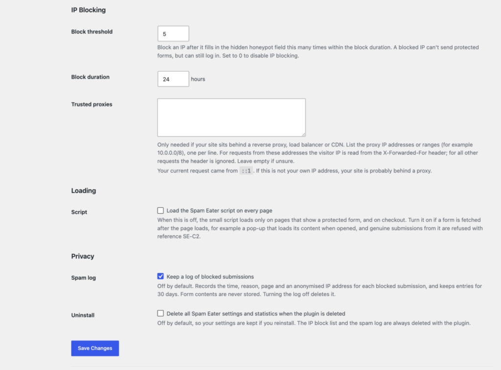 Spam Eater settings: block threshold, block duration, trusted proxies, script loading, spam log and uninstall options