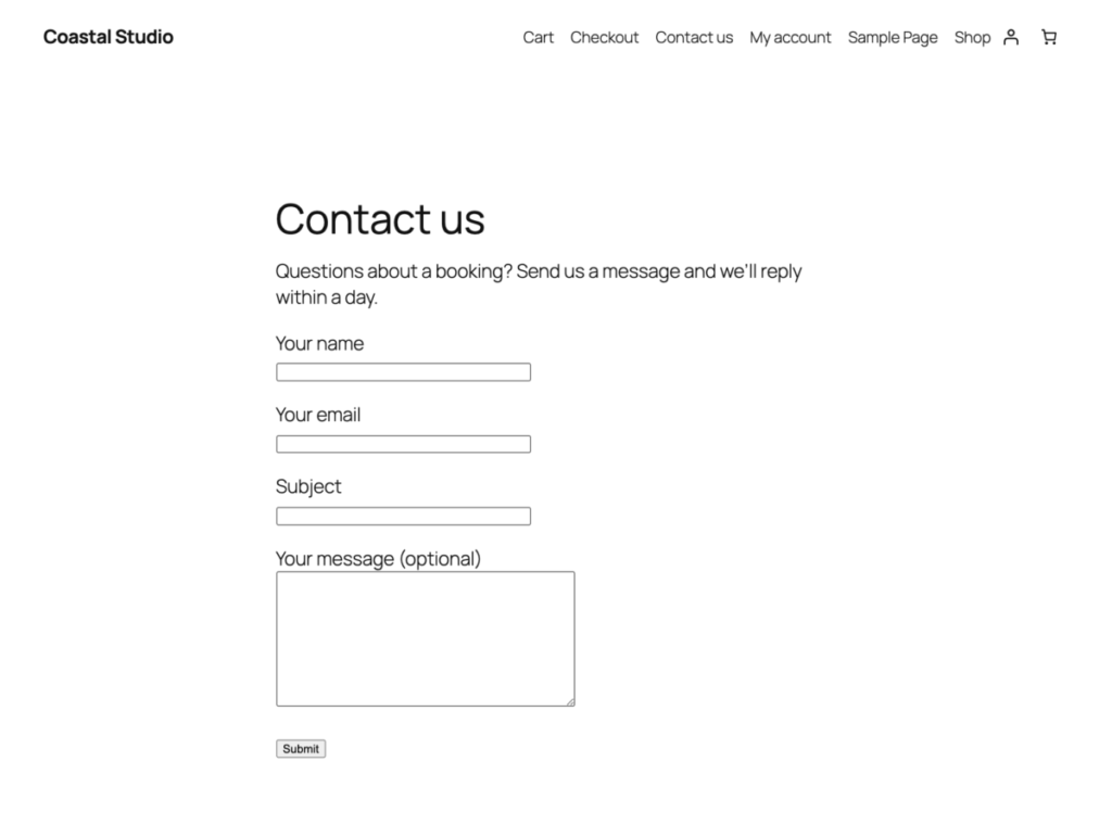 A contact form on a demo site, with name, email, subject and message fields and no CAPTCHA