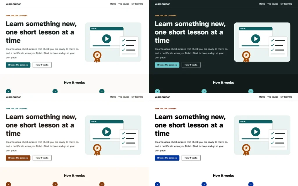 The same landing page in the theme's four styles: default, Night, Sand and High contrast