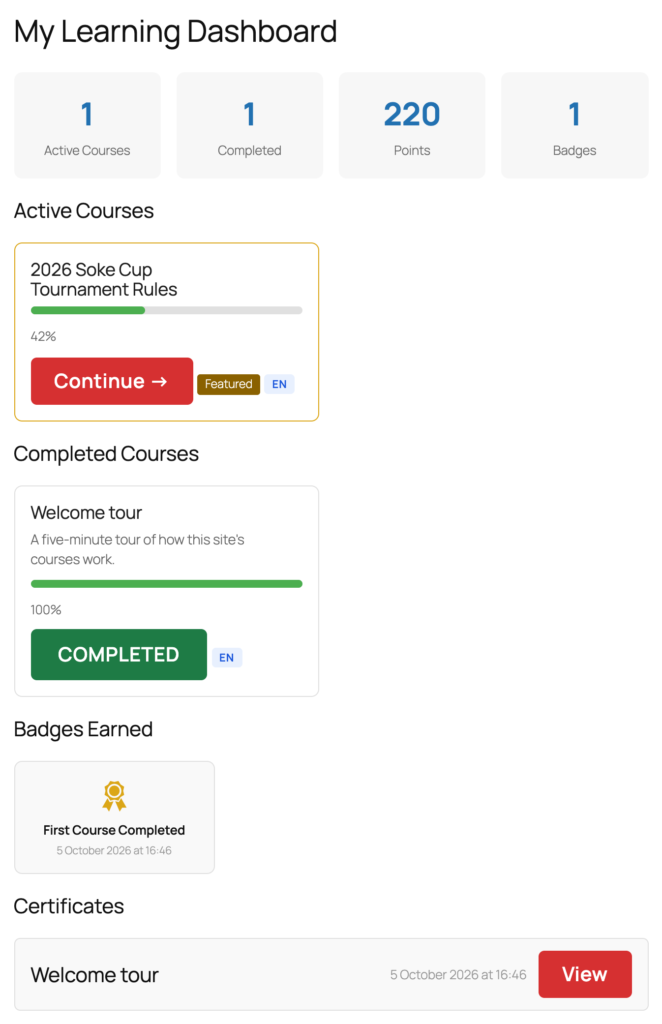 A student's learning dashboard: active and completed courses with progress, points, a badge and a certificate
