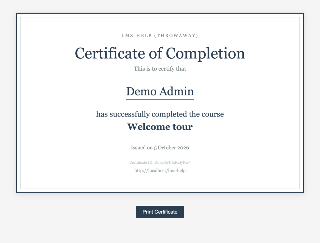 A certificate of completion with the student's name, the course and a verification code