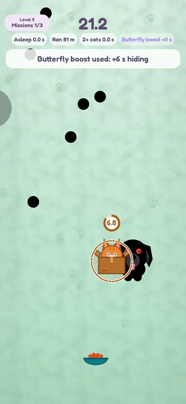 A cat peeking out of a cardboard box inside a brown bubble, counting down 6.8 seconds, while a big black dog with red eyes waits beside it.