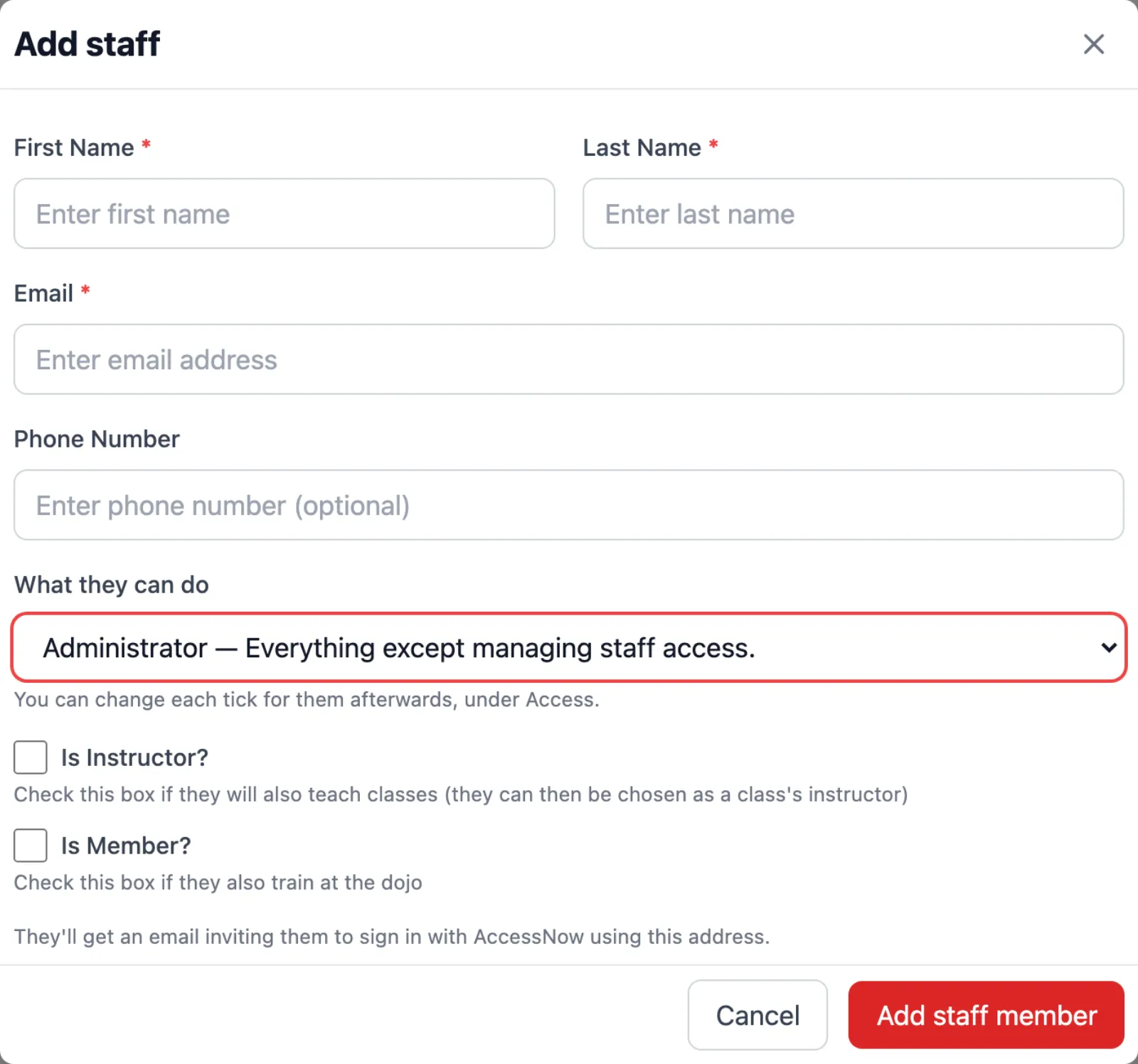 The Add staff form: name, email, phone, and What they can do set to Administrator, with ticks for instructor and member.