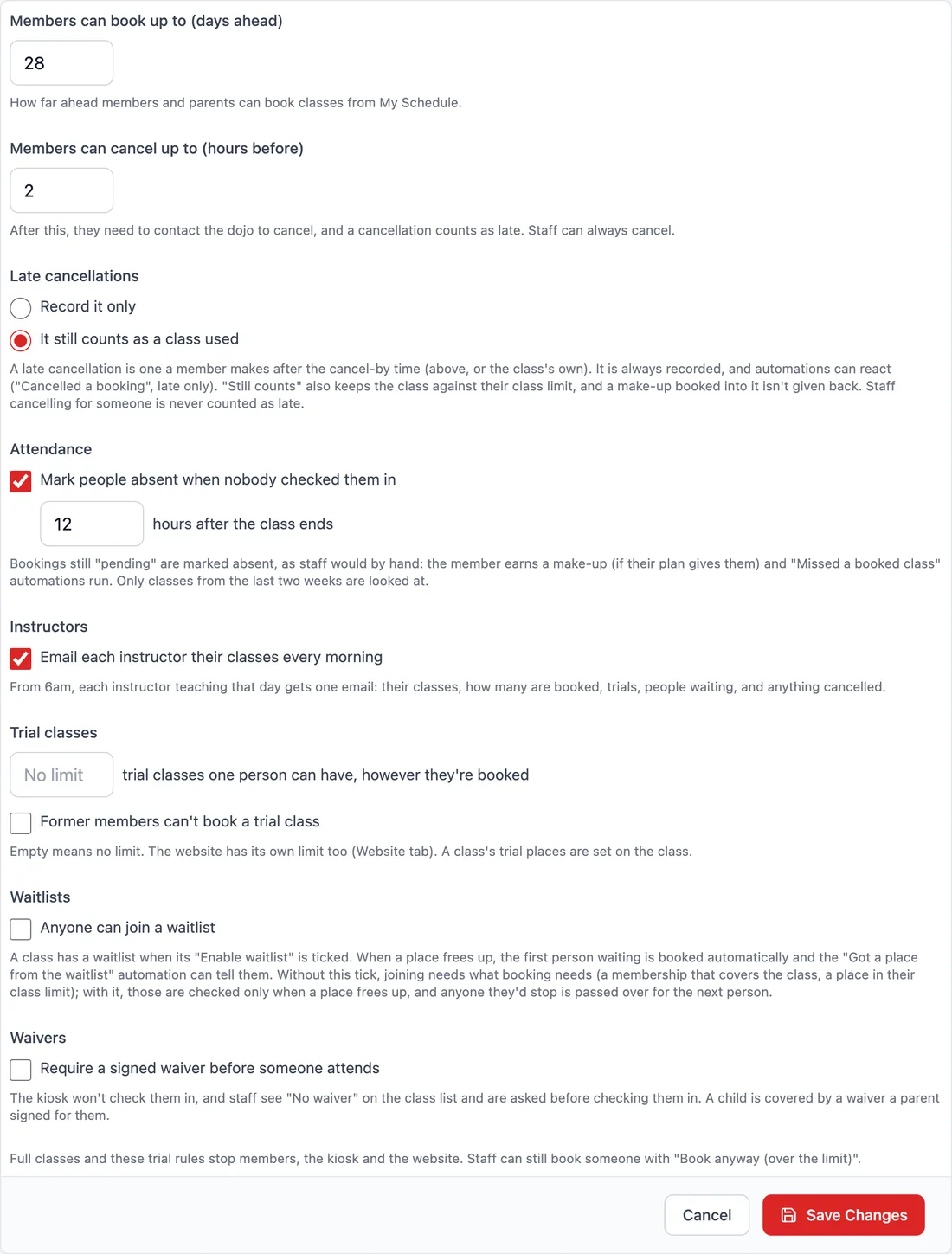 Dojo Settings, Bookings tab: booking and cancelling windows, late cancellation policy, auto-mark absent after 12 hours, the instructor email, trial class limits, waitlists and waivers.