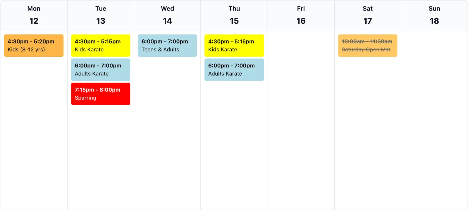 A week on the Dojo Manager calendar: kids and adults classes, sparring, and a Saturday Open Mat shown struck through because it's cancelled.