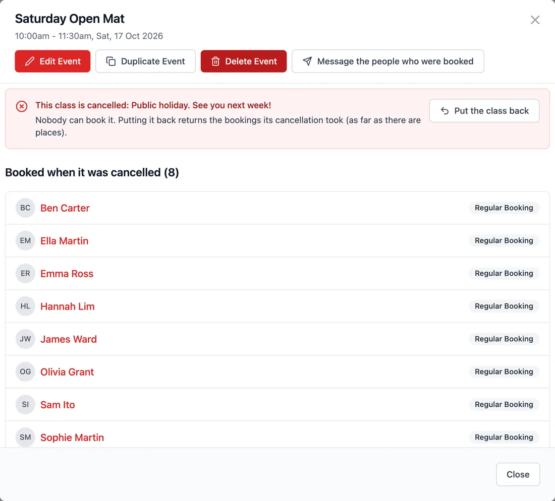 A cancelled class's page: the reason, a Put the class back button, and the eight people who were booked when it was cancelled.