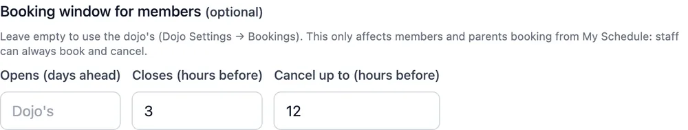 A class's optional booking window: opens (days ahead), closes 3 hours before, and cancel up to 12 hours before.