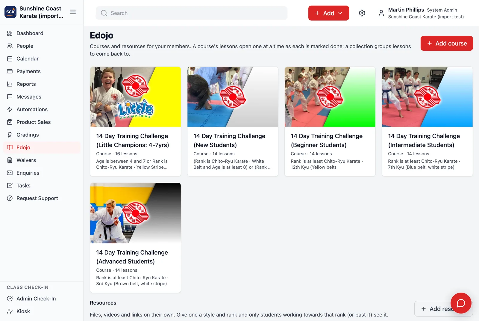 Dojo Manager's Edojo page for staff: five course cards with cover images, lesson counts and who each course is for.