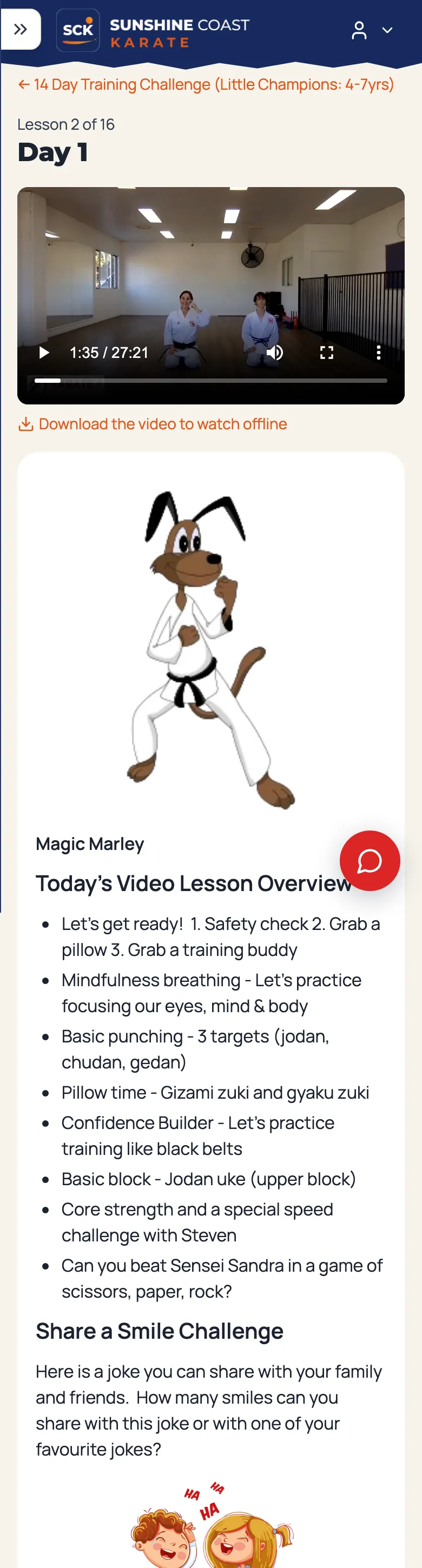 Day 1 of the Little Champions challenge on a phone: the lesson video, a link to download it, Magic Marley and the lesson overview.