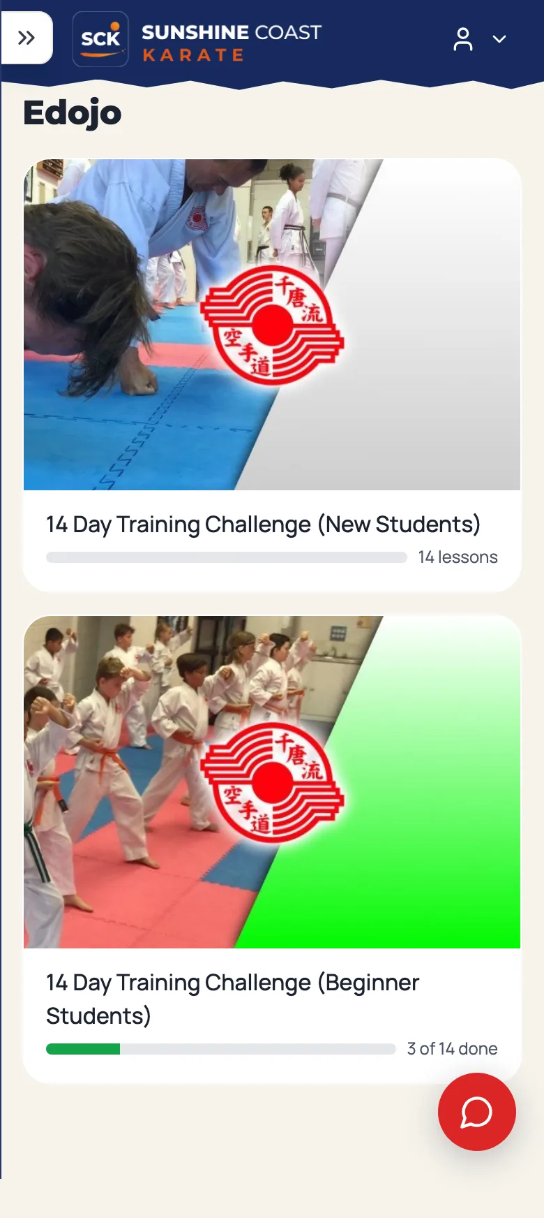A student's Edojo on a phone: the New Students course and the Beginner course, with 3 of 14 days done.