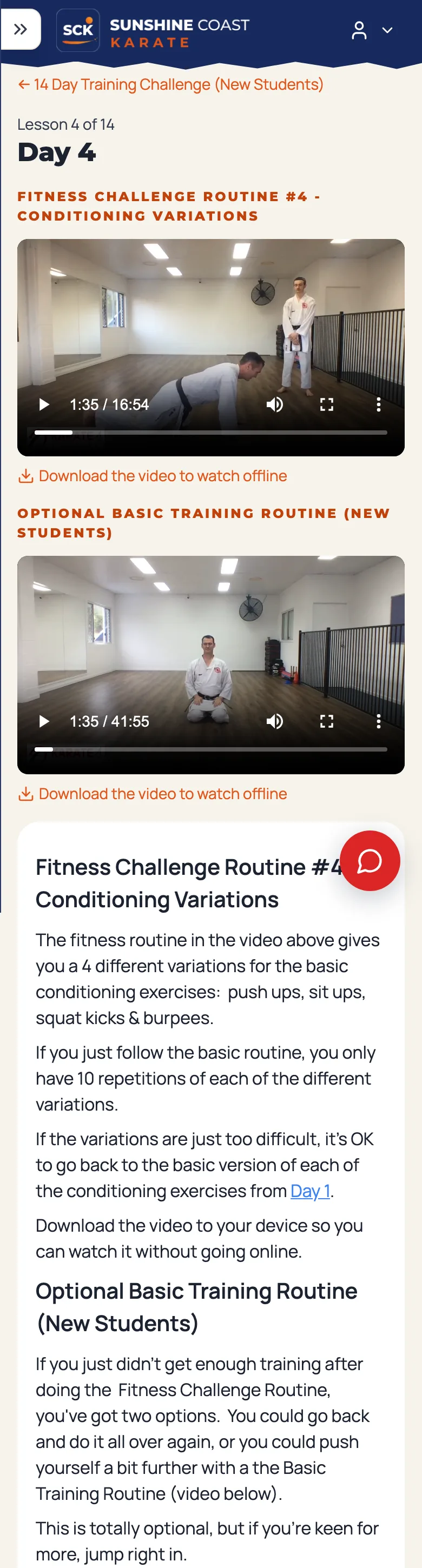 Day 4 of the New Students challenge on a phone: two videos, each with a download link, then the written guidance.