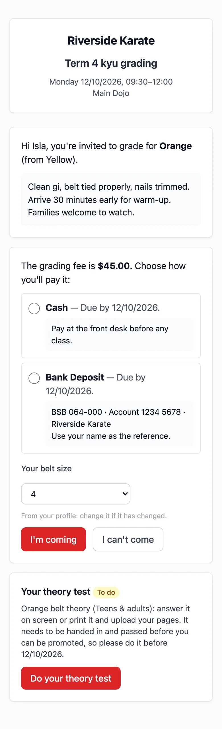 A student's grading invitation on a phone: the notes, the fee with Cash or Bank Deposit and their details, belt size, and the theory test.