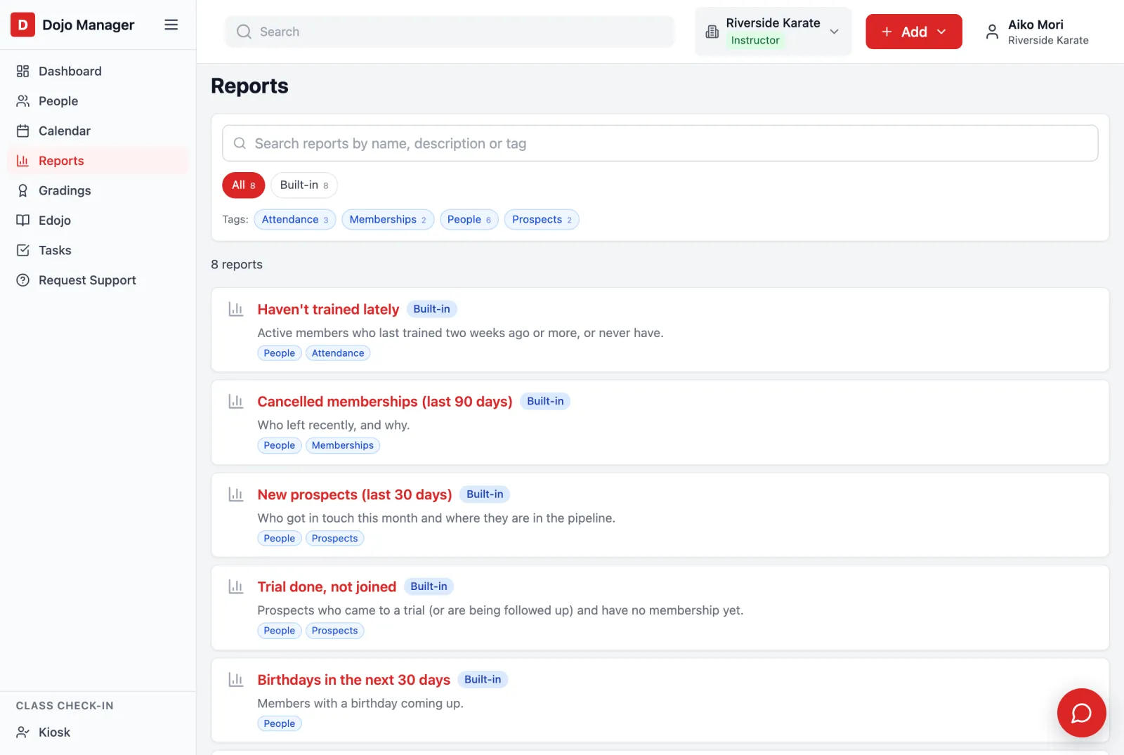 The Reports page as an instructor sees it: eight built-in reports about attendance, memberships, prospects and birthdays, with no money reports in the list.