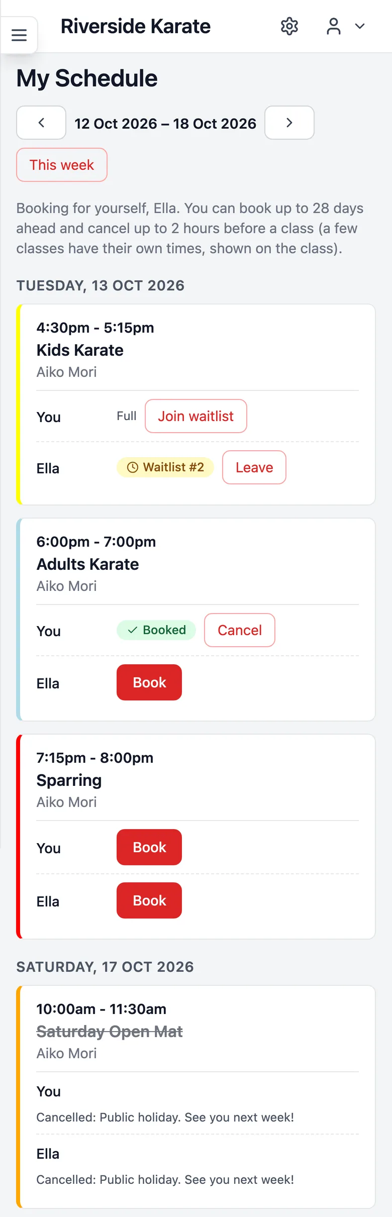 My Schedule on a phone: Kids Karate full with a Join waitlist button, Ella on Waitlist #2 with Leave, Adults Karate booked, and a cancelled Saturday class with its reason.