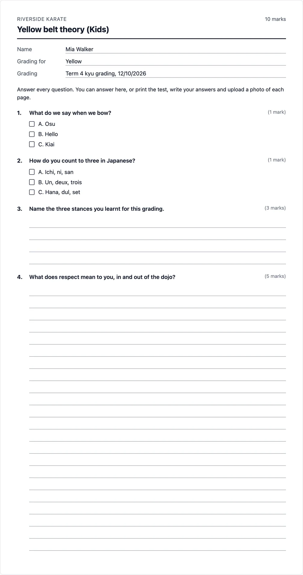 A printable theory test with the student's name, rank and grading filled in, tick boxes and lines to write on.
