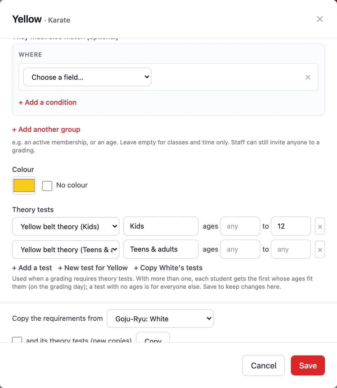 A rank's requirements dialog: two theory tests, Kids up to age 12 and Teens and adults, with links to add, create or copy tests.