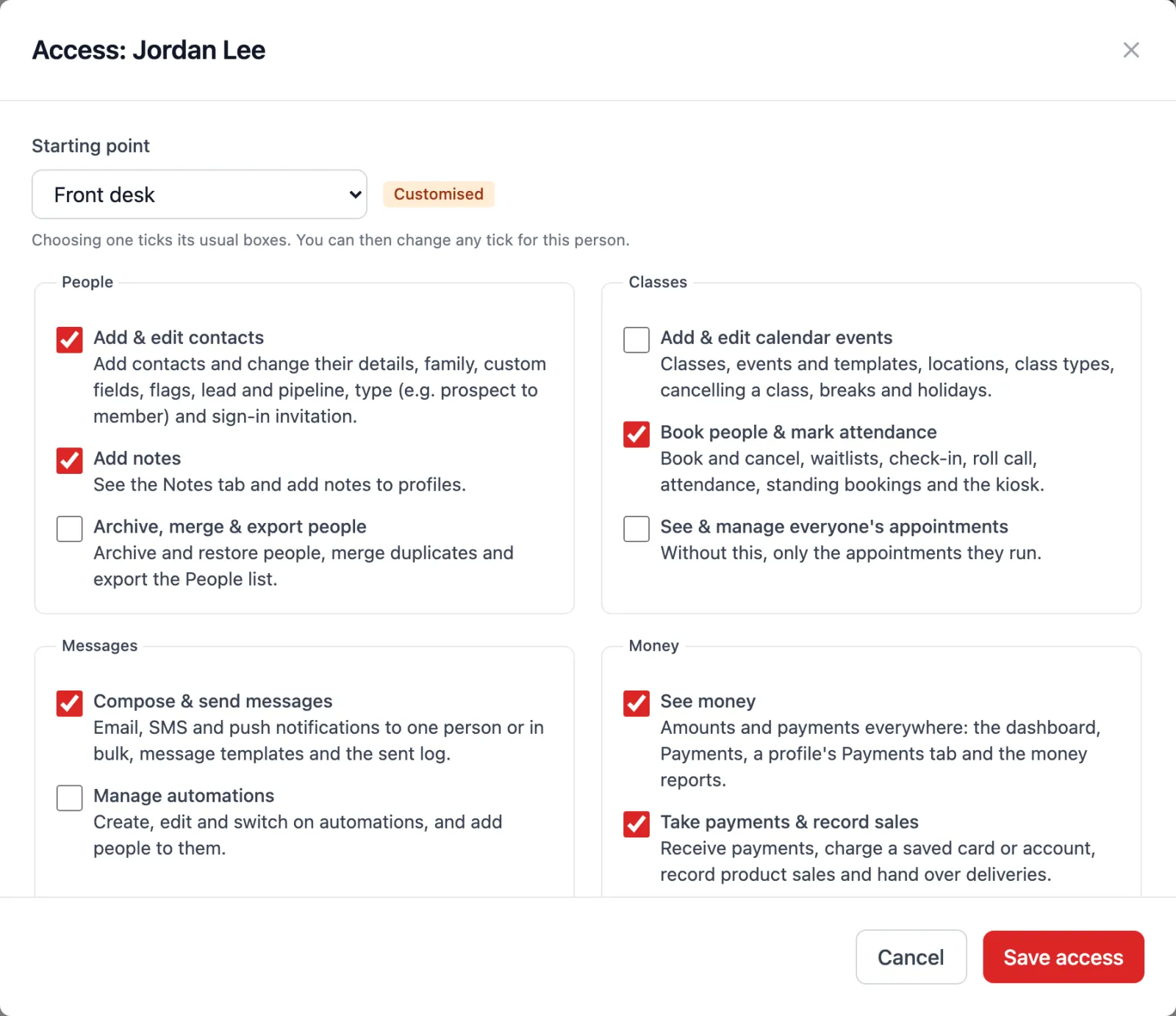 The Access window for Jordan Lee: starting point Front desk, marked Customised, with tickboxes grouped into People, Classes, Messages and Money.