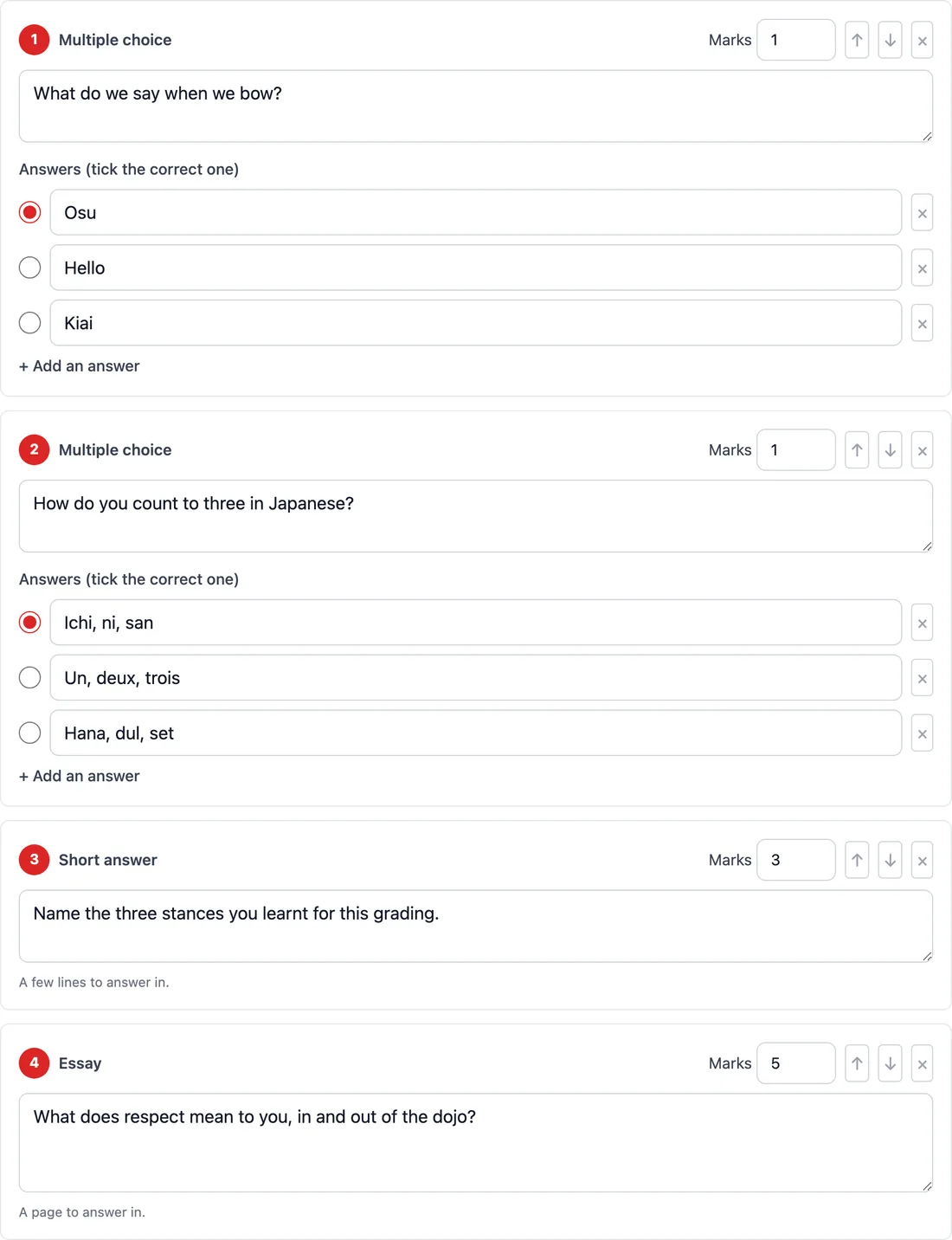 The theory test builder: multiple-choice questions with the correct answer ticked, a short answer and an essay, each with marks.