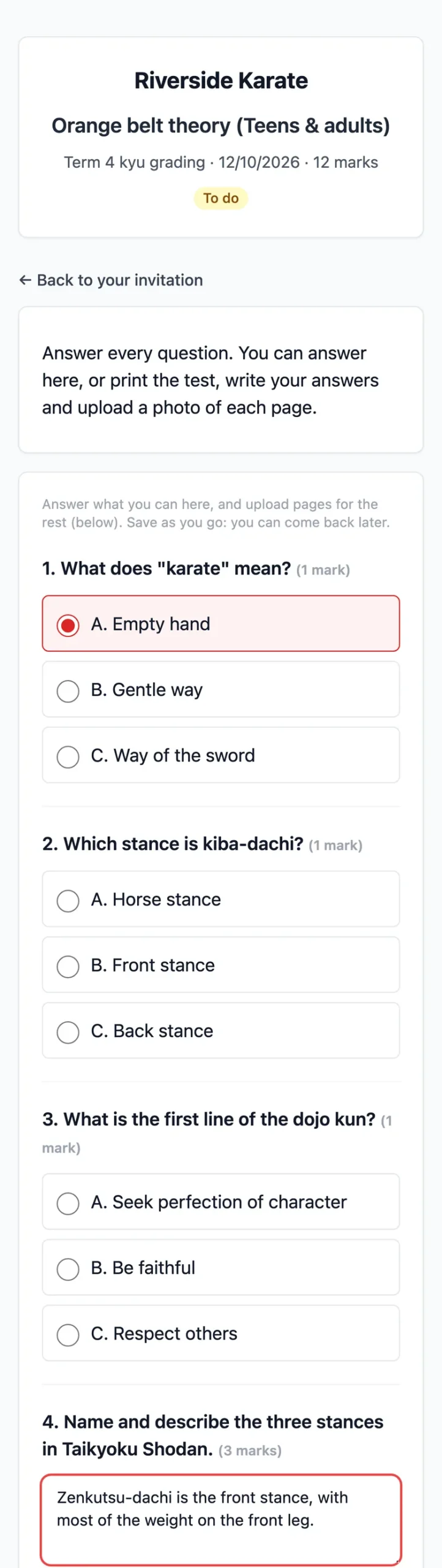 A theory test on a phone: multiple-choice questions with one answer chosen, and a written answer to a question about stances.