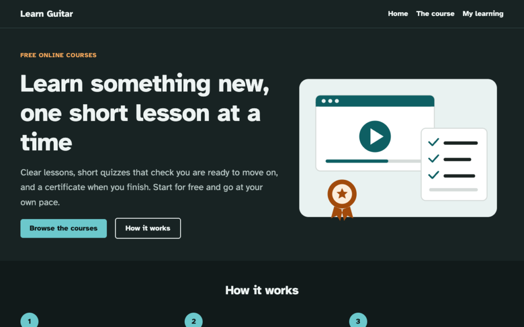 The guitar course home page in the default style