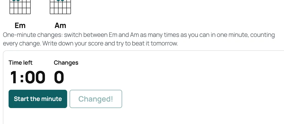 The one-minute changes timer for E minor to A minor: one minute left, a change counter, and Start the minute and Changed buttons