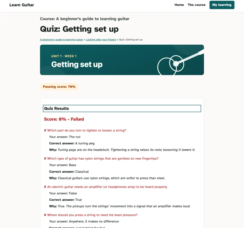 A failed quiz showing each wrong answer with the correct one and a short explanation of why