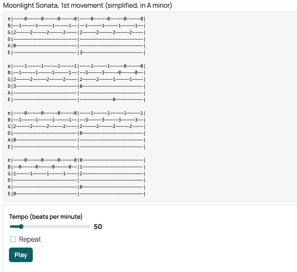 Guitar tab for a simplified Moonlight Sonata, with a tempo slider and a Play button