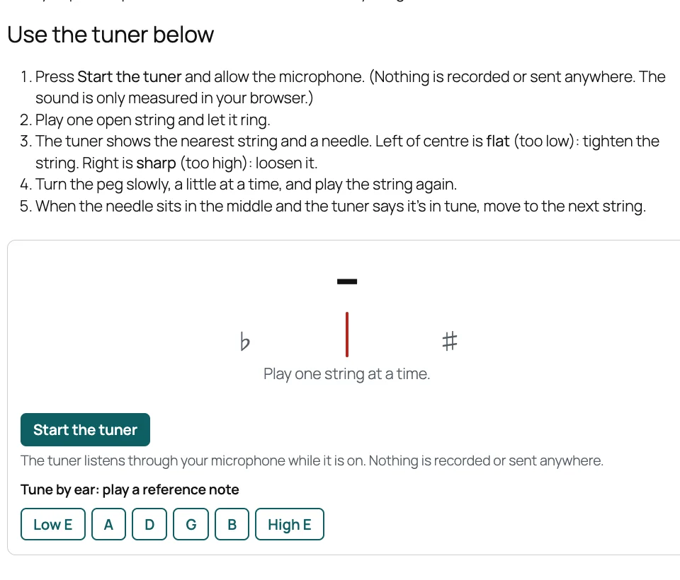 The tuner in a lesson: a needle between flat and sharp, a Start the tuner button, and reference notes for each string