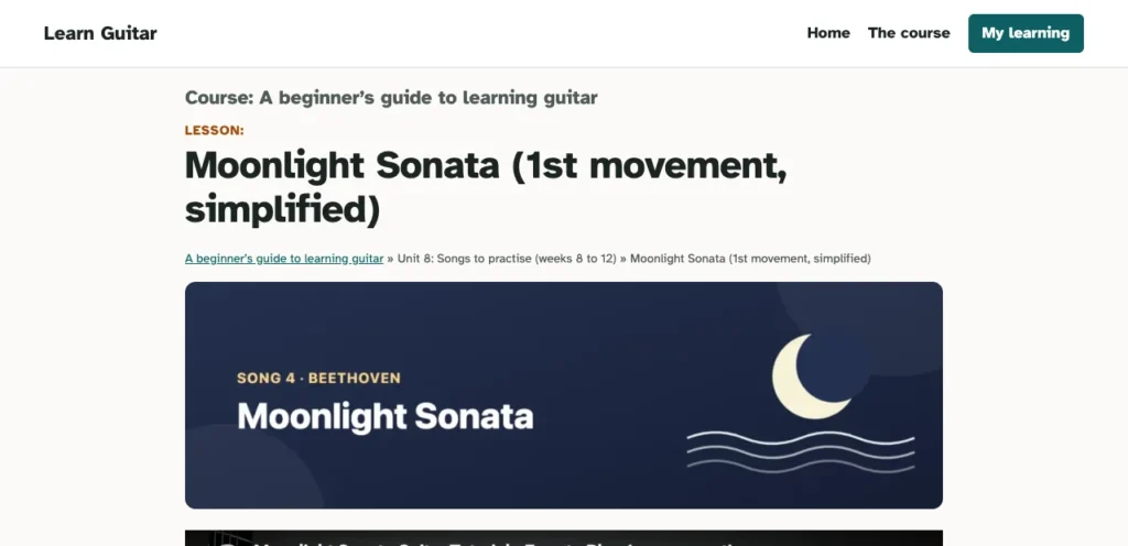 A song lesson with its own full banner: a crescent moon over waves for Moonlight Sonata