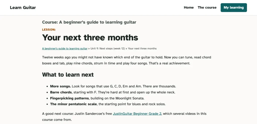 A lesson in the last unit with no header image at all, the text starting straight under the title