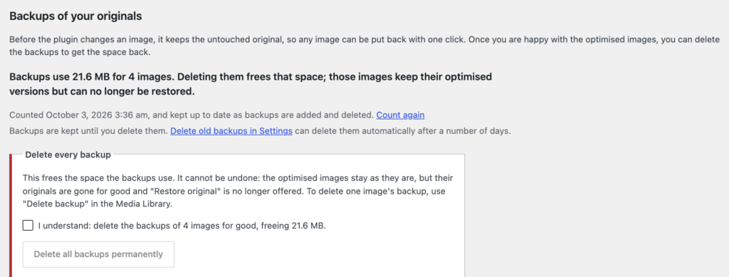 The Backups panel: how much space backups use and for how many images, with a tick box and a Delete all backups permanently button