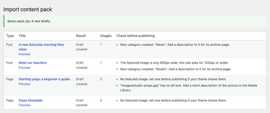 The import report: four items created as drafts, each with notes to check before publishing