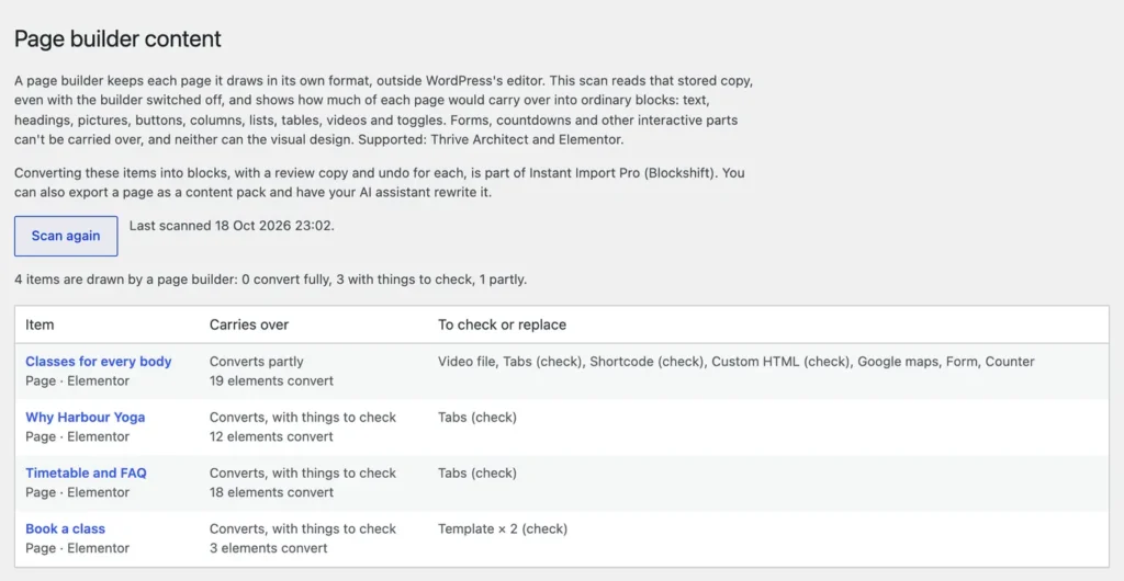 The Page builder content screen listing Elementor pages, how many elements of each convert, and what to check