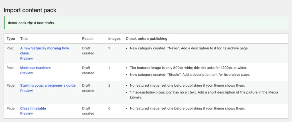 The import report: four items created as drafts, with notes such as a narrow featured image and a new category