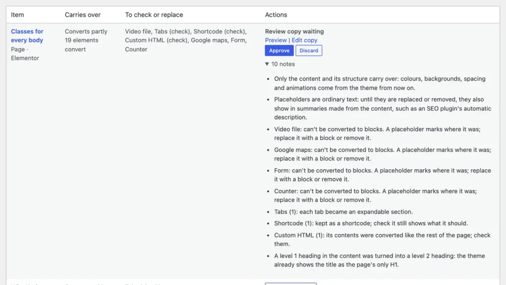 A converted page waiting for approval, with Approve and Discard buttons and ten notes on what to check