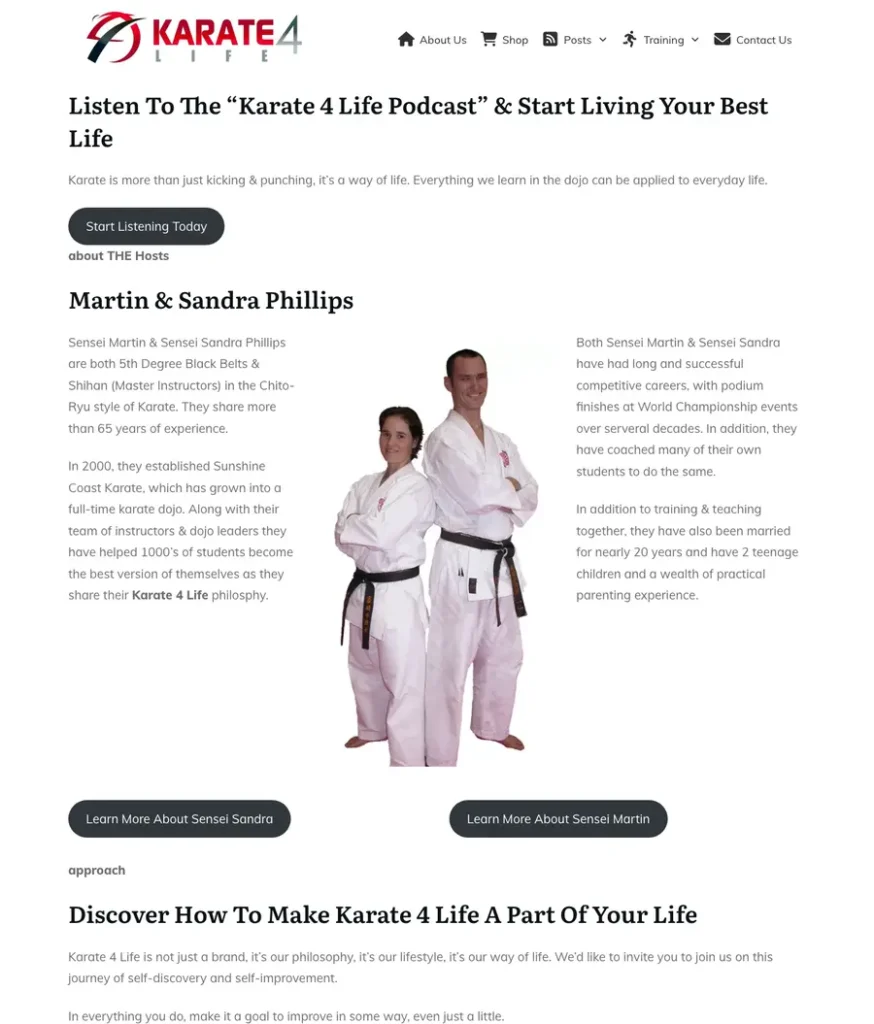 The same page converted to blocks: the same headings, text, photo and buttons in the theme's plain style