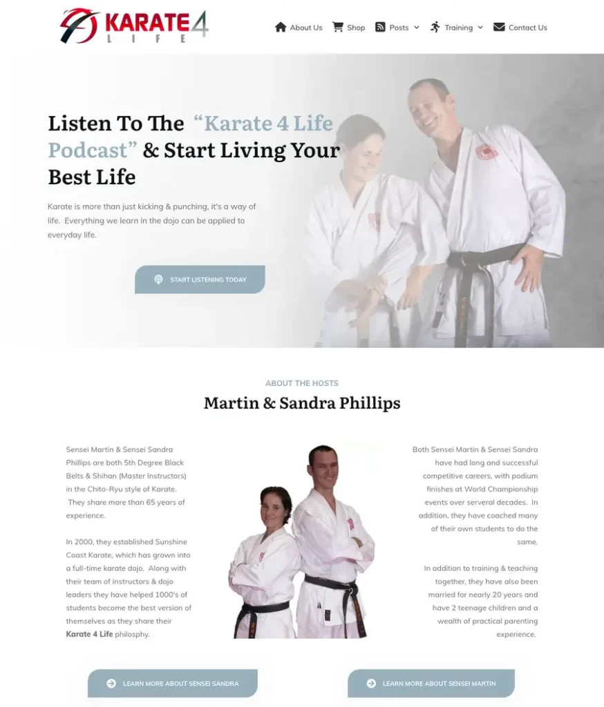 The Karate 4 Life home page drawn by Thrive Architect, with photo backgrounds and styled buttons