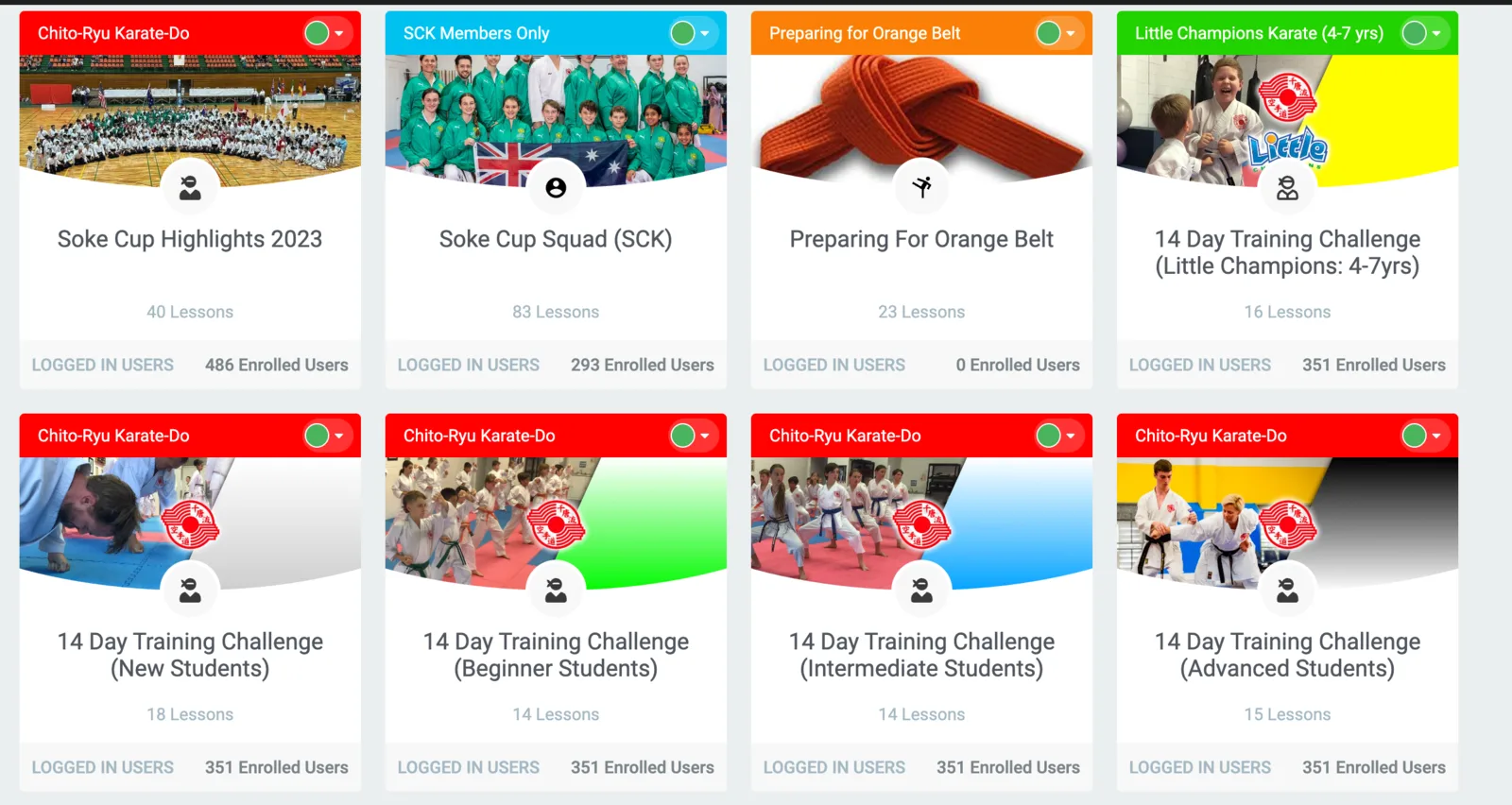 The course list on karate4life.com: the five 14 Day Training Challenge courses with their coloured cover images, each open to logged-in users.
