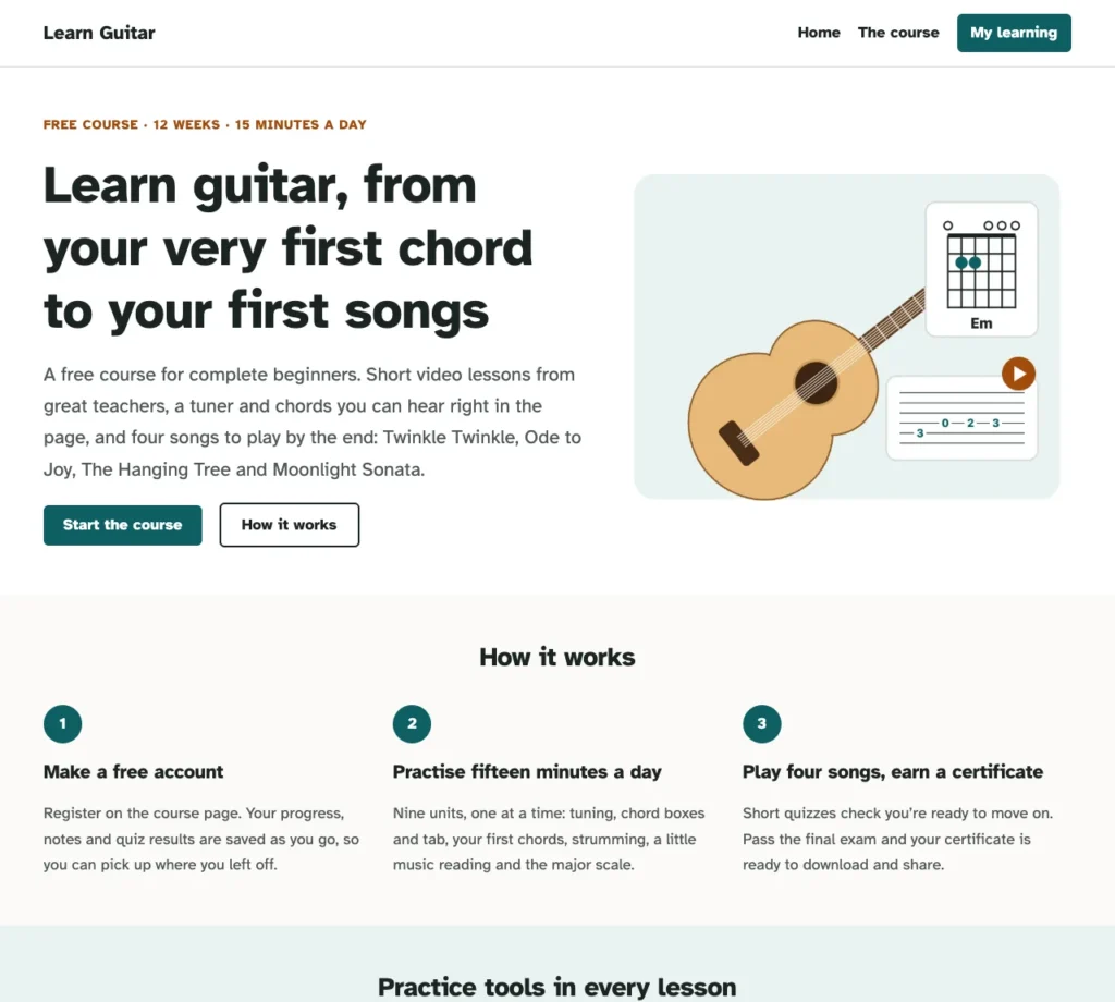 The Learn Guitar home page: a free 12-week course, from your very first chord to your first songs, with a Start the course button