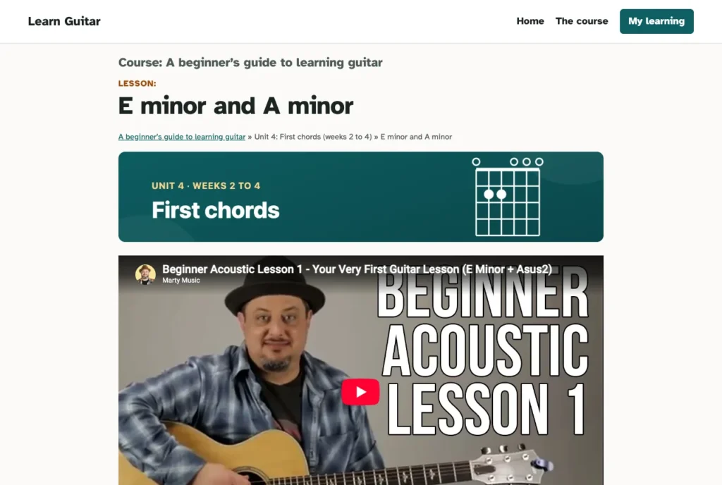 After: the same lesson on AccessNow Learn, with a short First chords strip for its unit above the video