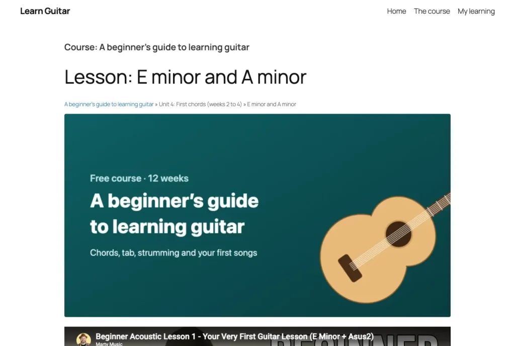 Before: the E minor and A minor lesson on Twenty Twenty-Five, opening with the same large course banner as every lesson