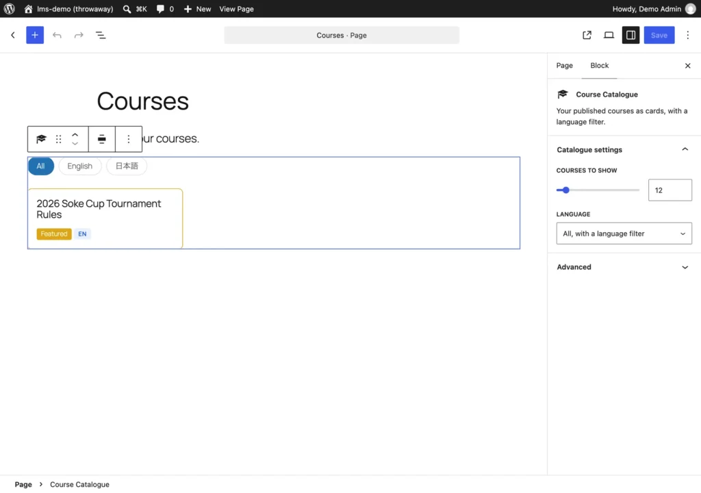 The page editor after: the Course Catalogue block shows the real course card, with Courses to show and Language settings in the sidebar.