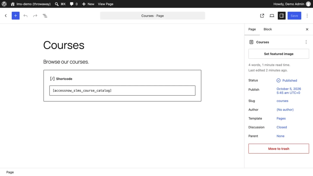 The page editor before: the course catalogue appears only as a grey Shortcode box containing [accessnow_slms_course_catalog].