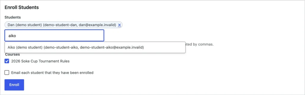 The enrol form after: a student already chosen as a tag, the name aiko typed with a matching student offered in a list, and a course ticked.