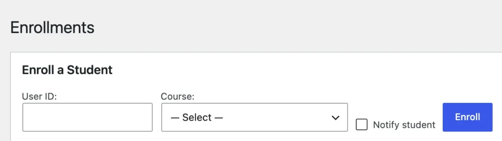 The enrol form before: a box asking for a numeric User ID, a course dropdown and an Enroll button.