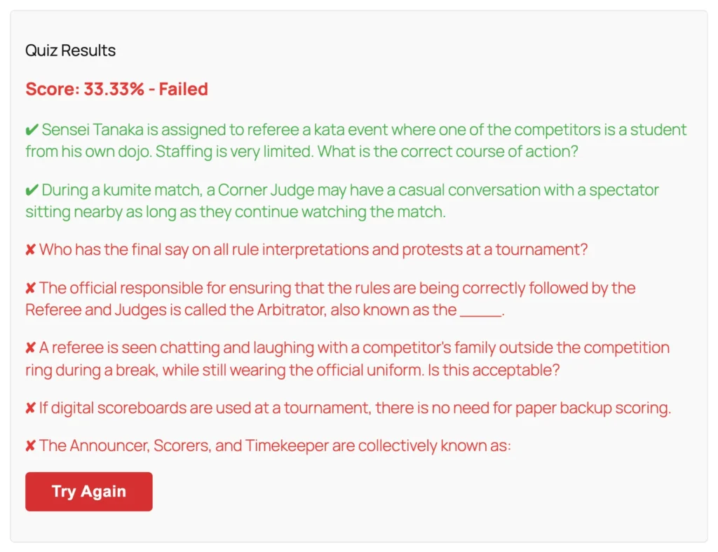 A quiz result before: a score and a list of questions marked only with ticks and crosses.