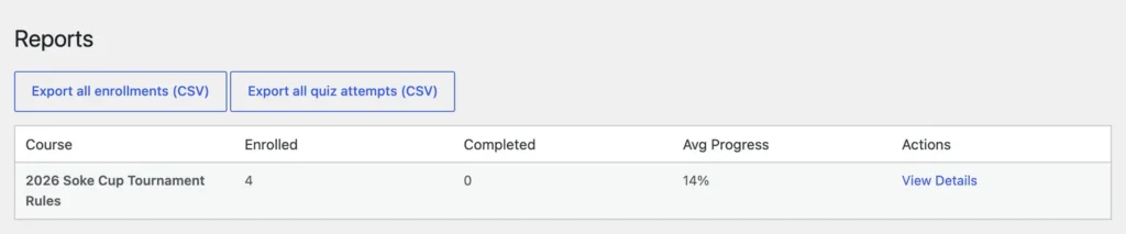 The Reports screen with Export all enrollments and Export all quiz attempts buttons above the course table.