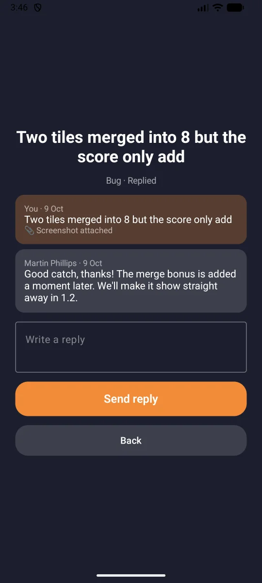 The same conversation screen in 2048 Multiverse, with the team’s reply and the tester’s answer