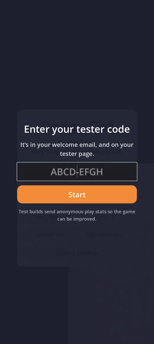 Dodgy Cat asking for the tester code on first launch